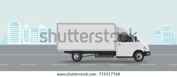 White
truck on road. Cargo van Vector illustration EPS 10 isolated on
white background. City commercial vehicle
delivery