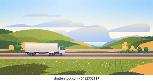 White truck on the road through country nature landscape. Flat cargo transportation vector illustration