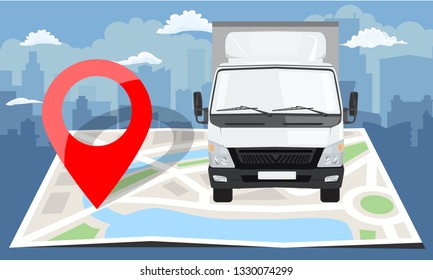 White truck over folded flat map and red pin. Cityscape background. Vector illustration.