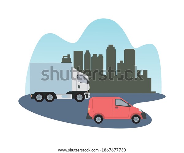 white truck and red van vehicle\
transport isolated icon vector illustration\
design