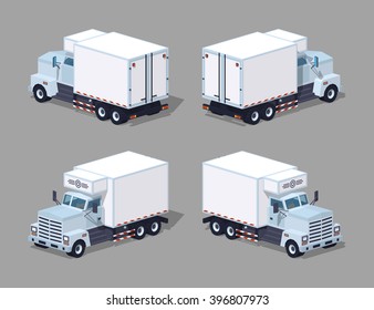 White truck refrigerator. 3D lowpoly isometric vector illustration. The set of objects isolated against the grey background and shown from different sides