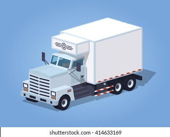 White truck refrigerator against the blue background. 3D lowpoly isometric vector illustration