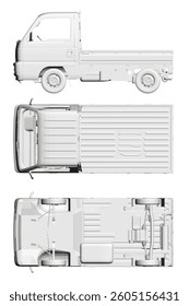 A white truck is shown in three different views. The first view is a side of the truck, the second view is a top of the truck, and the third view is a side of the truck with the hood up