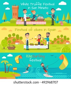 White truffle festival in San Minato, festival of olives banner Spain, kite surfing festival banners set. Flat style design. Main Spain entertainment festival. Holiday event. Vector illustration