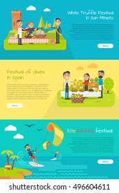 White truffle festival in San Minato, festival of olives banner Spain, kite surfing festival banners set. Flat style design. Main Spain entertainment festivals. Holiday event. Vector illustration