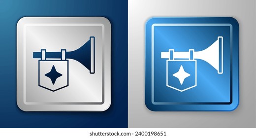 White Trumpet with flag icon isolated on blue and grey background. Musical instrument trumpet. Silver and blue square button. Vector