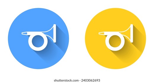 White Trumpet icon isolated with long shadow background. Musical instrument. Circle button. Vector