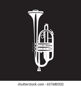 White trumpet isolated on black background, vector illustration. Wind brass musical instrument in flat style.