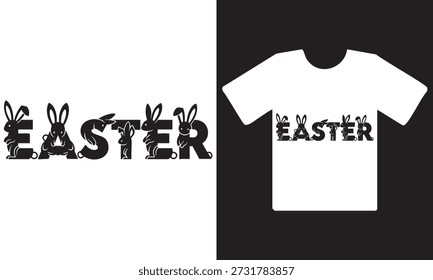 A white t-shirt with a black Easter design featuring bunny ears in the letters