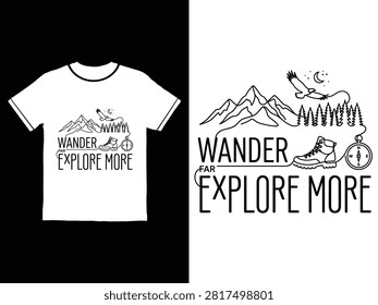 White tshirt with black graphic design showing mountains hiking boots compass and moon