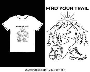 White tshirt with black graphic showing hiking boots backpack and mountain trail