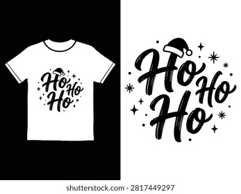 White tshirt with black Ho Ho Ho text and holiday hat graphic