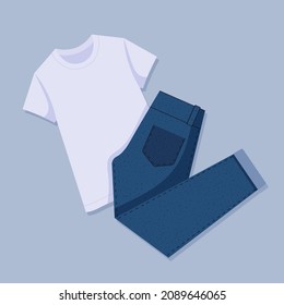 White T-shirt and blue jeans. Womens casual outfit ideas flat lay. Trendy look. View from above. Vector illustration in flat cartoon style. 