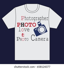 White t-shirt with a camera and words. Emblem. Making the white shirt on a dark blue background . Vector image. Design for textile fabric printing.