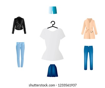 White T-shirt combinations. Clothes vector design. Set of items. Apparels collection