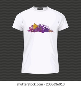 White T-shirt with coral reef and corals. Vector Illustration
