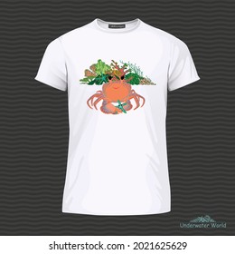 White T-shirt with cute crab and corals. Vector Illustration