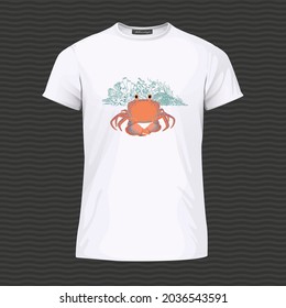 White T-shirt with cute crab and corals. Vector Illustration