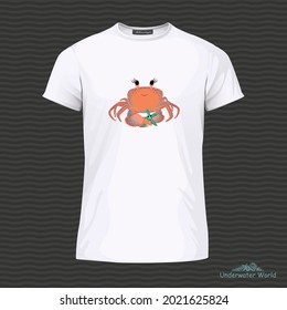 White t-shirt with cute crab with starfish. Vector Illustration