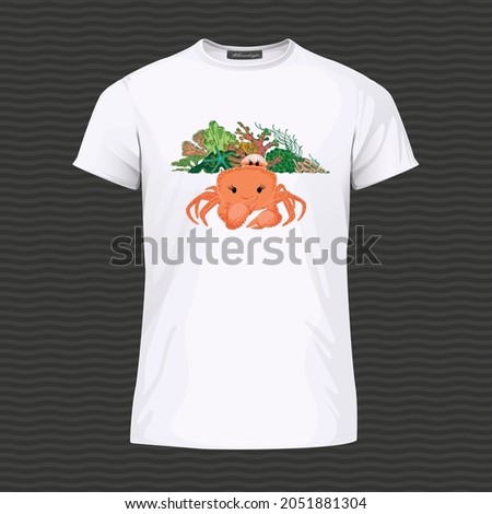 White T-shirt with cute similing crab and corals. Vector Illustration