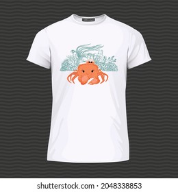 White T-shirt with cute smiling crab and corals. Vector Illustration