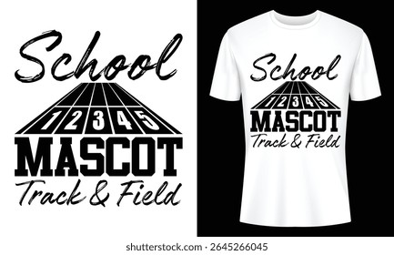 A white t-shirt design featuring a track and field graphic with the words "School Mascot".