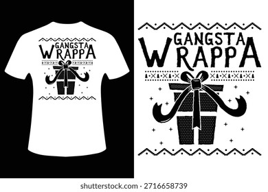Um design de t-shirt branca com uma caixa de presente embrulhada com o texto 'GANGSTA WRAPPA' em negrito, tipografia divertida