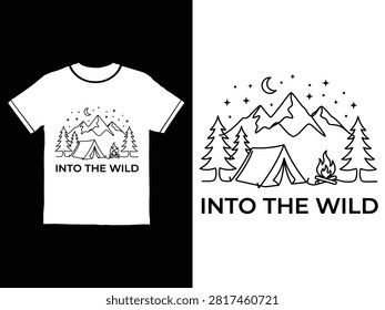 White tshirt design shows camping scene with tents trees mountains fire moon and stars