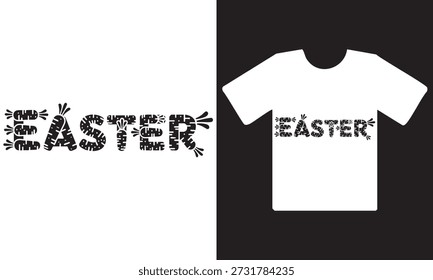 A white t-shirt with Easter text in a floral pattern on a black and white background