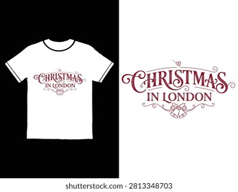 White tshirt with elegant red cursive Christmas in London text design