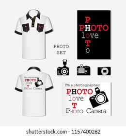 White T-shirt with emblems and photo cameras. Set. Design of the use of emblems for decorating men's T-shirts. A proposal for amateurs and professional photographers.