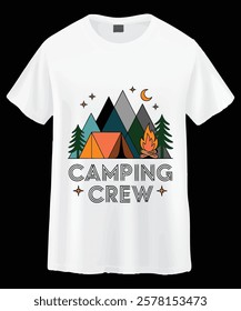 A white t-shirt features a graphic design of mountains, a tent, trees, a campfire, stars, and a crescent moon.