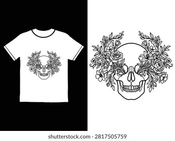 White tshirt featuring black floral wrapped skull graphic design print