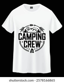 A white t-shirt featuring a black graphic design of a circular emblem with the words "CAMPING CREW" in a stylized font.