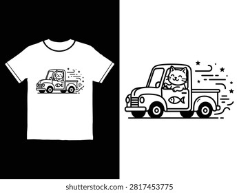 White Tshirt featuring black line art of cat driving a truck carrying fish
