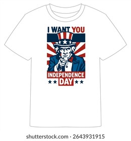 A white T-shirt featuring a bold Independence Day design with Uncle Sam pointing forward, wearing a star-spangled hat. Red and blue accents with "4th of July" and "Happy Independence Day" text
