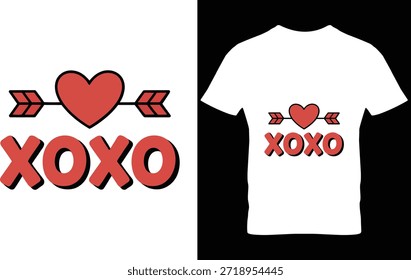 White t-shirt featuring bold red XOXO text and heart with arrows for affection theme.