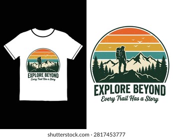 White tshirt featuring colorful sunset mountain scene with hiking silhouette