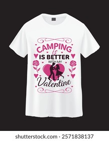 A white t-shirt featuring a graphic design centered on the theme of Valentine's Day and camping.