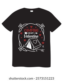 A white t-shirt featuring a graphic design of a camping tent surrounded by a wreath of leaves and small red hearts.