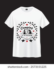 A white t-shirt featuring a graphic design of a camping tent surrounded by a wreath of leaves and small red hearts.