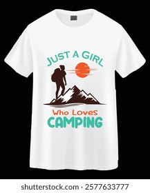 A white t-shirt featuring a graphic design of a female figure hiking on a mountain range, with the sun setting behind the mountains.
