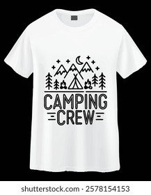 A white t-shirt featuring a graphic design of camping-themed elements.