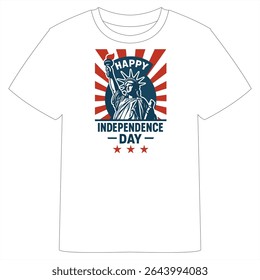 A white T-shirt featuring a patriotic Independence Day design with the Statue of Liberty, red sunburst background, and "Happy Independence Day" text with stars.