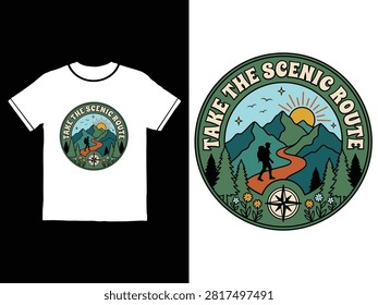 White tshirt featuring scenic route hiking graphic with mountains and compass illustration