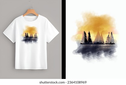 White T-shirt featuring a serene watercolor boat at sunset, a masterpiece of tranquil art.