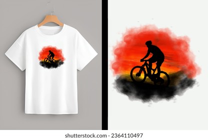 Camiseta blanca con una serena bicicleta acuática al atardecer, una obra maestra de arte tranquilo