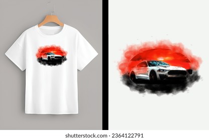 White T-shirt featuring a serene watercolor car at sunset, a masterpiece of tranquil art