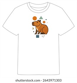 A white T-shirt featuring a stylized orange capybara design with geometric shapes like circles, triangles, and rectangles in vibrant colors.