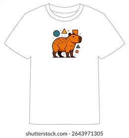A white T-shirt featuring a stylized orange capybara design with geometric shapes like circles, triangles, and rectangles in vibrant colors.